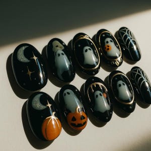 May include: A set of Halloween-themed nail art designs. The black nails feature various designs, including ghosts, pumpkins, spiderwebs, moons, and stars. Some nails have gold accents, and the overall aesthetic is spooky and festive.