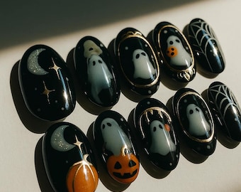 Spooky Halloween Press On Nails, Ghost and Pumpkin Acrylic Nails, Cute Gold Frame Fake Nails with Web Design, Handmade Halloween Nail Art