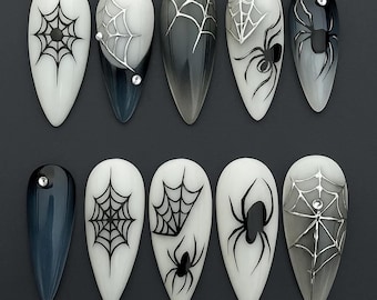 Spider Web Long Stiletto Press On Nails, Black White Spider Fake Nails, Gothic Halloween Nail Art, Spooky Handmade Nail Set, Halloween Nails