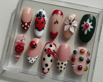 3D Ladybug Press On Nails | Cute Polka Dot Red Nails | Handmade Retro Spring Nail Art Set