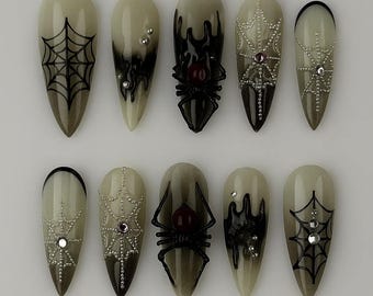 Black Spider Press On Nails, Gothic Spider Web Nails, Long Stiletto False Nails, Spooky Halloween Nails, 3D Creepy Nail Art, Halloween nails