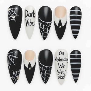 Wednesday Addams Press On Nails Gothic Spider Web Black White Striped Coffin Fake Nails Handmade Spooky Halloween Nail Set for Costume