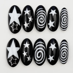 Black and White Star Press On Nails, Hypnotic Swirl Hand Painted Fake Nails, Celestial Galaxy Nail Art, Cosmic Night Sky Nails