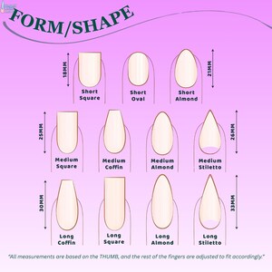 May include: A diagram illustrating various nail shapes, including Short Square (18mm), Short Oval, Short Almond (21mm), Medium Square (25mm), Medium Coffin, Medium Almond, Medium Stiletto (26mm), Long Coffin (30mm), Long Square, Long Almond, and Long Stiletto (33mm).