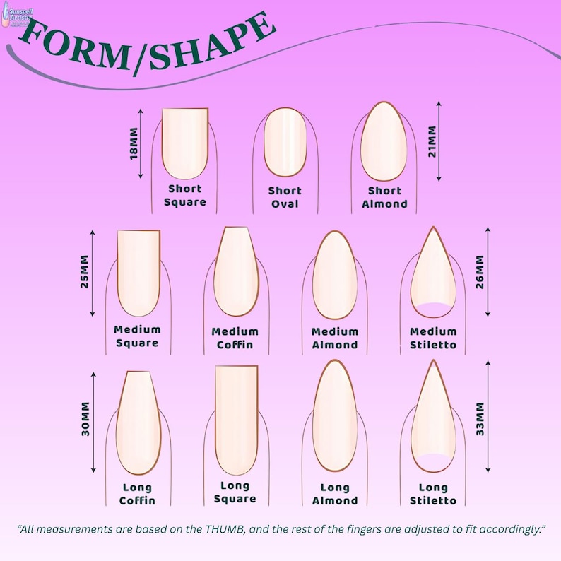 May include: A diagram illustrating various nail shapes, including Short Square (18mm), Short Oval, Short Almond (21mm), Medium Square (25mm), Medium Coffin, Medium Almond, Medium Stiletto (26mm), Long Coffin (30mm), Long Square, Long Almond, and Long Stiletto (33mm).