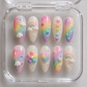 Pastel Pride Press On Nails | LGBTQ Rainbow Cloud Nails | Kawaii Pride Heart Nails | Cute Handmade Nail Set