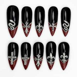 Gothic Cross Tip Press On Nails, Vampire Red and Black Acrylic Nails, Dark Glam Triangle Accent Nails, Handmade Religious Gothic Nail Art