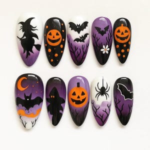 Spooky Halloween Pumpkin and Bat Press On Nails, Ghost & Witch Nail Art, Glitter Black Almond Nails, Handmade Gothic False Nails Set