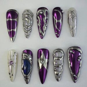 Metallic Purple Chrome Sculpted Press On Nails, 3D Silver Accents, Star & Gem Design, Long Stiletto Shape, Luxury Nail Art Set, Nailbox Set