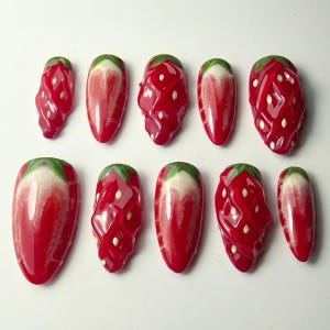 Strawberry Press On Nails, 3D Fruit Nail Art, Summer Red Green False Nails, Handmade Cute Strawberry Manicure, Unique Gift For Her