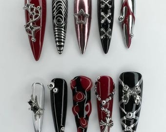 Uñas postizas metálicas cromadas, rojas y negras: juego de uñas largas con diseño de stiletto y ataúd, diseño de cadena y estrella 3D, estilo gótico punk, juego de uñas de lujo.