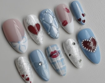 Coquette Press On Nails | Baby Blue Bow and Heart Nail Art | Pearl Romantic Handmade False Nails