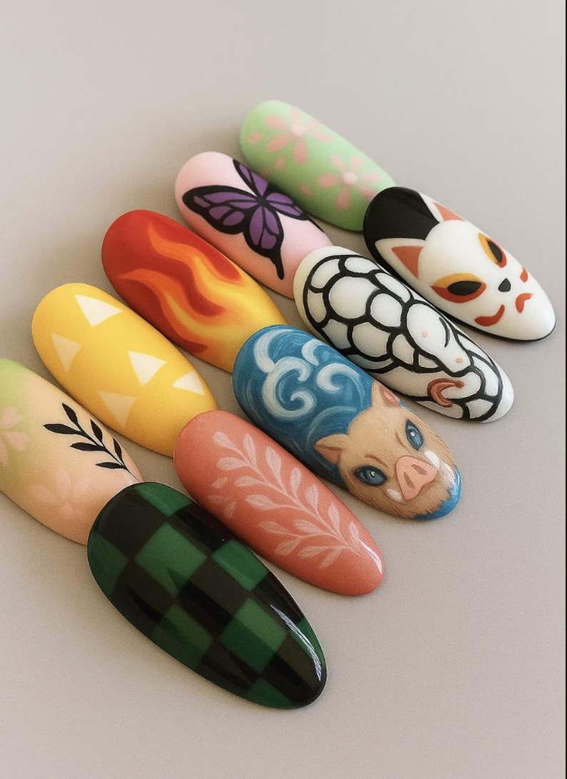 Demon Press on Nails, Kimetsu No Yaiba Anime Nails, Tanjiro Zenitsu ...