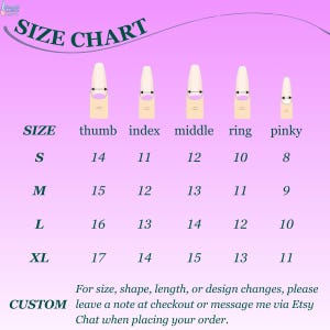 May include: A size chart for nail sizing, featuring a gradient pink background. The chart displays nail sizes for thumb, index, middle, ring, and pinky fingers, with sizes ranging from S to XL. Text at the bottom advises on custom requests.