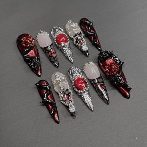 Gothic Red Black Rose Press On Nails, Long Stiletto Nail Set with 3D Floral and Crystal Chains, Elegant Dark Fantasy Manicure, Gothic Nails