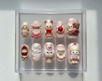 Rilakkuma Kawaii Press On Nails, 3D Bear Nails with Bows Candy Strawberry, Cute Korean Japanese Harajuku Nails