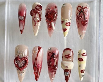 Red Valentine Press On Nails | Y2K Heart Lips Nails | Bold Romantic Nail Art | 3D Gel Press Ons | Handmade Statement Nails