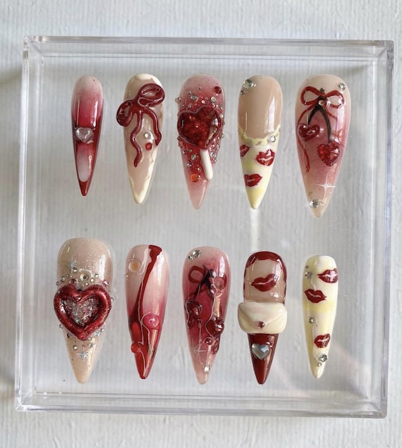 Red Valentine Press On Nails | Y2K Heart Lips Nails | Bold Romantic Nail Art | 3D Gel Press Ons | Handmade Statement Nails