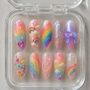 Pastel Pride Press On Nails | Rainbow Cloud Nails | LGBTQ Kawaii Nails | Cute Glitter Handmade Nail Set