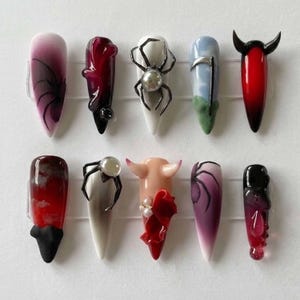 Gothic 3D Spider Press On Nails, Dark Fantasy Devil Horn Nails, Blood Drip Nail Art, Edgy Halloween Nails, Handmade