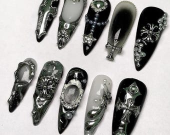 Black Silver Gothic Press On Nails, 3D Cross Charm Chrome Nails, Long Stiletto Reusable Nail Set, Dark Baroque Nail Art, Handmade nailbox