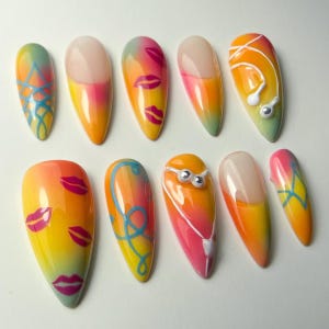 Colorful Summer Press On Nails, Rainbow Ombre Almond Nails with Lips and Fun Designs, Vibrant Handmade Nail Art Set, Handmade Fake Nails Set