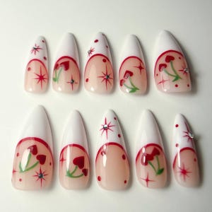 Valentine Heart Cherry Double French Press On Nails, Red French Tip Almond Fake Nails, Cute Cherry Love Nails Romantic Gift, Cherry nails