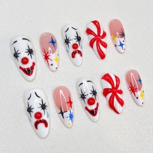 Clown Carnival Press On Nails, Colorful Clown Face Nails, Circus Party Fake Nails, 3D Red White Striped Nail Art, Festival Costume Nails