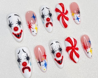 Uñas postizas de payaso para carnaval, uñas de payaso coloridas, uñas postizas para fiesta de circo, uñas con rayas rojas y blancas en 3D, uñas para disfraces de festival