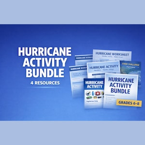Può includere: Un pacchetto di risorse educative intitolato "Hurricane Activity Bundle" con il testo "Grades 6-8". L'immagine mostra diversi fogli di lavoro e fogli di attività con titoli come "Hurricane Worksheet" e "Hurricane Activity".