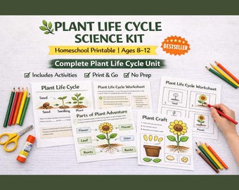 Plant Life Cycle Homeschool Science Kit - Printable Activity Worksheets for Elementary Kids Ages 8-12 STEM Education