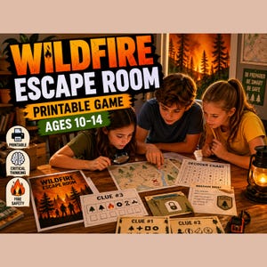 以下が含まれることがあります： 10～14歳向けの印刷可能なWildfire Escape Roomゲーム。画像には、地図や手がかりを調べている3人の子供たちがテーブルを囲んでいます。ゲームには、デコーダーチャート、ミッションブリーフ、火災安全情報が含まれています。ゲームのタイトルは太字で表示されています。