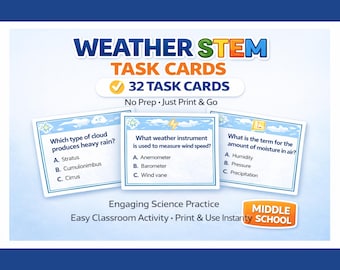 Weather Activities Middle School | Weather Task Cards | No Prep Science Activity | Printable Weather Unit Review | Science Centers