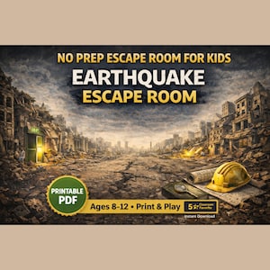 以下が含まれることがあります： 子供向けの「Earthquake Escape Room」を宣伝する画像で、終末後の都市景観が特徴です。デザインには、黄色のヘルメット、青写真、虫眼鏡が含まれています。「No Prep Escape Room for Kids」、「Printable PDF」、「Ages 8-12」などのテキストが含まれています。