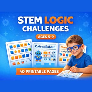 Actividades STEM para niños de 5 a 9 años: retos imprimibles, rompecabezas de patrones y lógica, resolución de problemas.