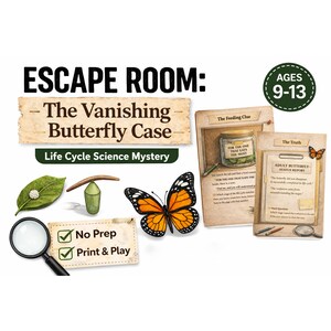 Op de afbeelding: Een educatief spel getiteld "Escape Room: The Vanishing Butterfly Case" met de tekst "Life Cycle Science Mystery". De afbeelding bevat een vlinder, een vergrootglas en kaarten met tekst. Het spel is voor kinderen van 9-13 jaar.