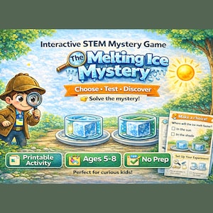 以下が含まれることがあります： 5～8歳向けの「The Melting Ice Mystery」というタイトルのイラスト付きSTEMゲーム。拡大鏡を持った漫画の男の子、氷の立方体、実験の指示が描かれています。ゲームは印刷可能なアクティビティです。