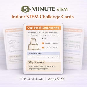 Boredom Buster STEM pour enfants de 5 à 9 ans - Défis scientifiques en salle de 5 minutes, kit d'activités imprimable pour l'école à la maison sans préparation
