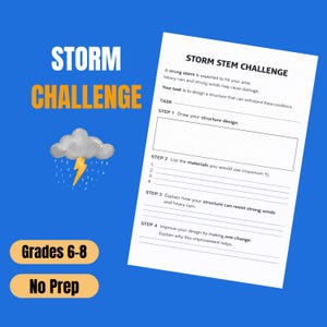 May include: A blue background features a worksheet titled "STORM STEM CHALLENGE." The worksheet includes prompts for a structure design, materials list, and explanations for withstanding strong winds and heavy rain. The image also includes the text "STORM CHALLENGE," "Grades 6-8," and "No Prep."