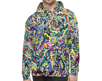 Puede incluir: Una sudadera con capucha colorida con un patrón psicodélico que presenta una variedad de formas y colores, incluyendo amarillo, azul, verde, rojo y rosa.