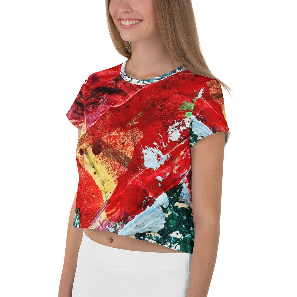 ★LEE★ Women's Heart Ringer Crop T-Shirt Red LE2402ST64RD HDE Women's Heart Cut Out Crop Top Short Sleeve T Shirt Red