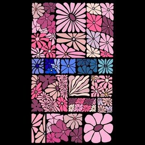 Può includere: Una stampa grafica rettangolare caratterizzata da una griglia di vari pannelli quadrati e rettangolari riempiti con motivi floreali stilizzati in tonalità di rosa, magenta, lavanda e blu, su uno sfondo nero a tinta unita.