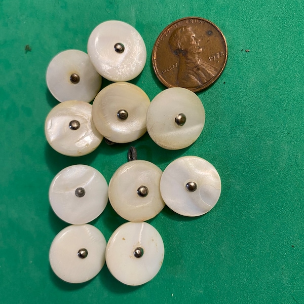 Lot of 10 Vintage Mother of Pearl MOP White Round Pin Metal shank buttons 11/20"/14mm sewing and crafts