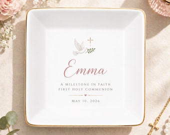 Personalized First Holy Communion Jewelry Dish, Baptism Gift for Girl, Christian Keepsake Plate, Confirmation Gift, Religious Decor