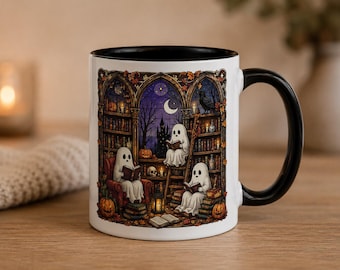 Ghost Reading Haunted Library Mug, Halloween Book Lover Coffee Cup, Spooky Library Ghost Mug, Fall Reader Gift