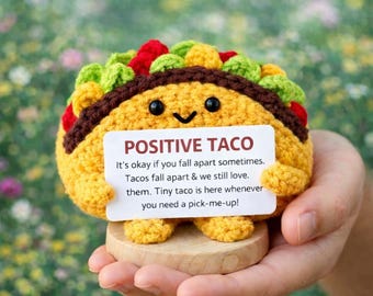 Positive Taco Crochet Plush, Cute Taco Amigurumi with Encouraging Message Card, Funny Food Plush Gift, Handmade Crochet Taco Decor