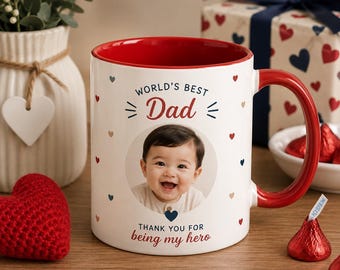 Personalized Baby Face Mug Best Dad Mug, Father’s Day Gift From Kids, Red Accent Dad Mug, New Dad Gift, Dad Birthday Mug