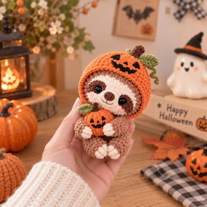 Peut inclure: Un petit paresseux en crochet marron portant une capuche orange en forme de citrouille avec un visage de jack-o'-lantern. Le paresseux a des yeux noirs, un nez marron et tient une citrouille miniature en crochet orange avec une tige verte.