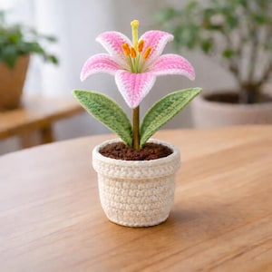 Giglio all'uncinetto in vaso, decorazione amigurumi a forma di giglio fatta a mano, graziosa piantina di fiori lavorata a maglia, regalo giglio rosa, mini decorazione per la casa all'uncinetto