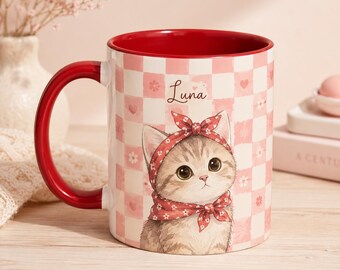 Personalized Cute Cat Accent Mug, Custom Name Kitten Coffee Cup, Red Handle Pet Lover Gift, Kawaii Cat Mug